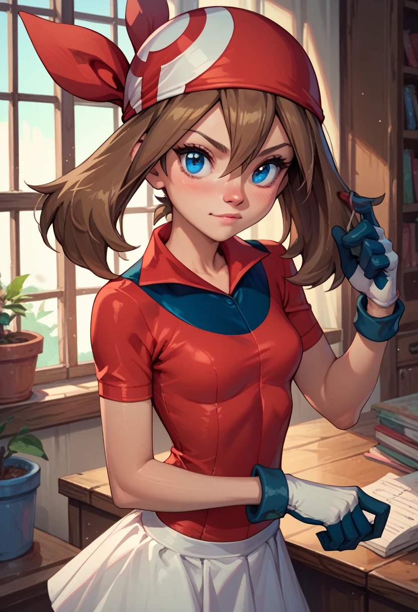 MayPXL, blue eyes, brown hair, short hair, hair between eyes, red bandana, small breasts, red shirt, short sleeves, gloves, white skirt, blue short