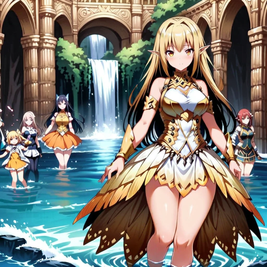 Anime, fairy girls, elf's ears, butterfly's wings, body-armor, detailed body-armors, curvy body, multiple girls,  girls surrounding, background a watered Golden palace, watered palace ((waterfalls from the palace's walls)),  the girls are walking in the Water, Large butterfly's wings in their back