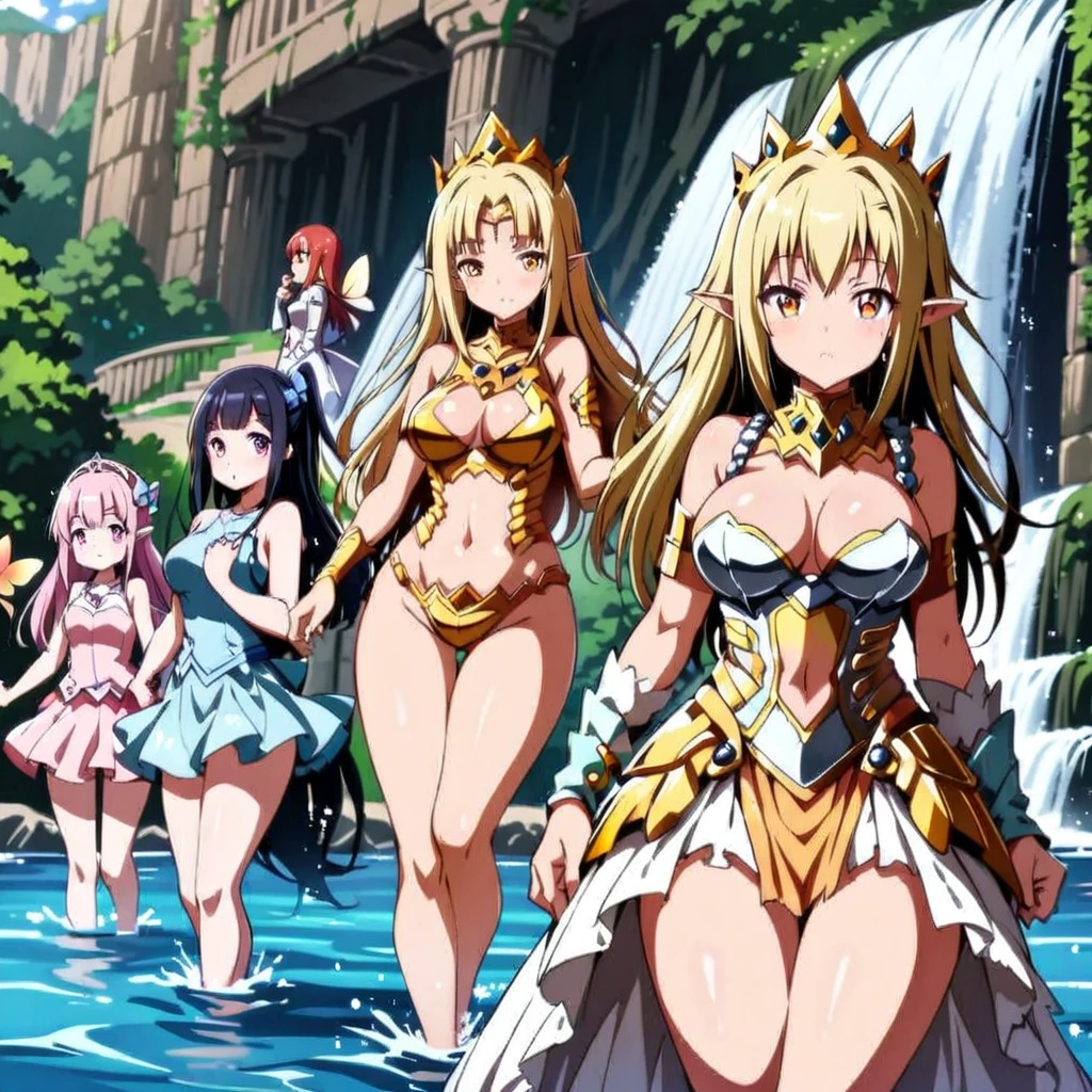 Anime, fairy girls, elf's ears, butterfly's wings, body-armor, detailed body-armors, curvy body, multiple girls,  girls surrounding, background a watered Golden palace, watered palace ((waterfalls from the palace's walls)),  the girls are walking in the Water, Large butterfly's wings in their back