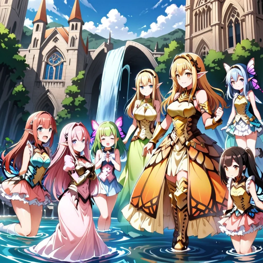 Anime, fairy girls, elf's ears, butterfly's wings, body-armor, detailed body-armors, curvy body, multiple girls,  girls surrounding, background a watered Golden cathedral, Cathedral filled by water ((waterfalls from the cathedral's walls)),  the girls are walking in the Water, Large butterfly's wings in their back