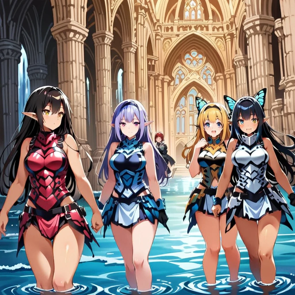 Anime, fairy girls, elf's ears, butterfly's wings, body-armor, detailed body-armors, curvy body, multiple girls,  girls surrounding, background a watered Golden cathedral, Cathedral filled by water ((waterfalls from the cathedral's walls)),  the girls are walking in the Water, Large butterfly's wings in their back