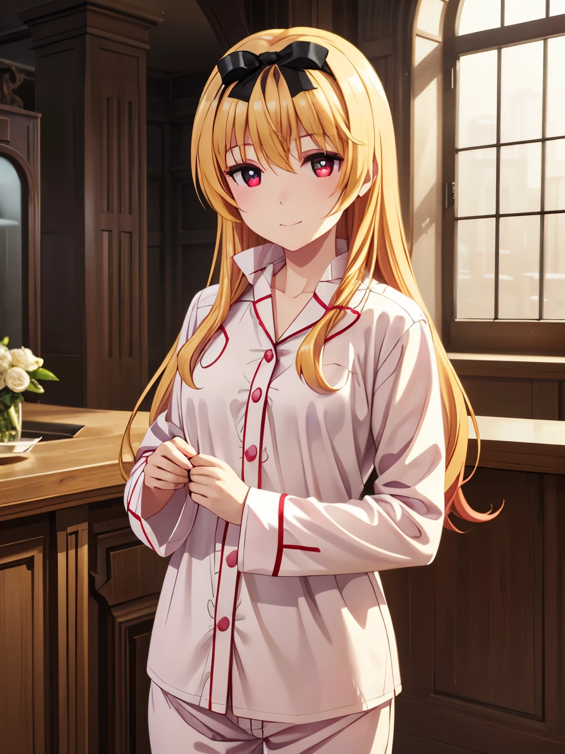 masterpiece、Best Quality、 one girl 、solo、 Kampala、indoor、bet、Yue、Closed Mouth、smile、Beautiful golden hair 、Long Hair、Red attractive eyes、 headband 、 Hair Ribbon 、(In pajamas:1.3),In pajamas、 sharp pupils 、 beautiful eyes、Sharp pupils、(Genuine、Real、Realistic:1.3)、 Kampala、 cowboy shot