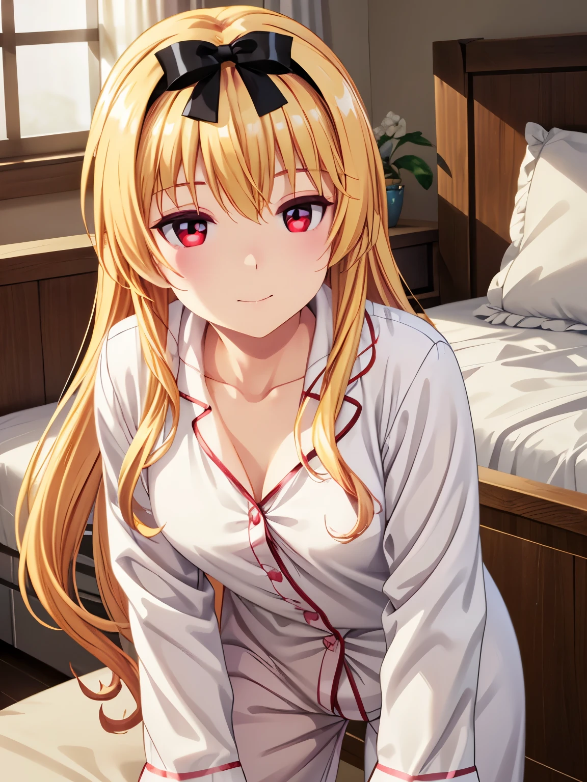 masterpiece、Best Quality、 one girl 、solo、 Kampala、indoor、bet、Yue、Closed Mouth、smile、Beautiful golden hair 、Long Hair、Red attractive eyes、 headband 、 Hair Ribbon 、(In pajamas:1.3),In pajamas、 sharp pupils 、 beautiful eyes、Sharp pupils、(Genuine、Real、Realistic:1.3)、 Kampala、 cowboy shot、Leaning forward