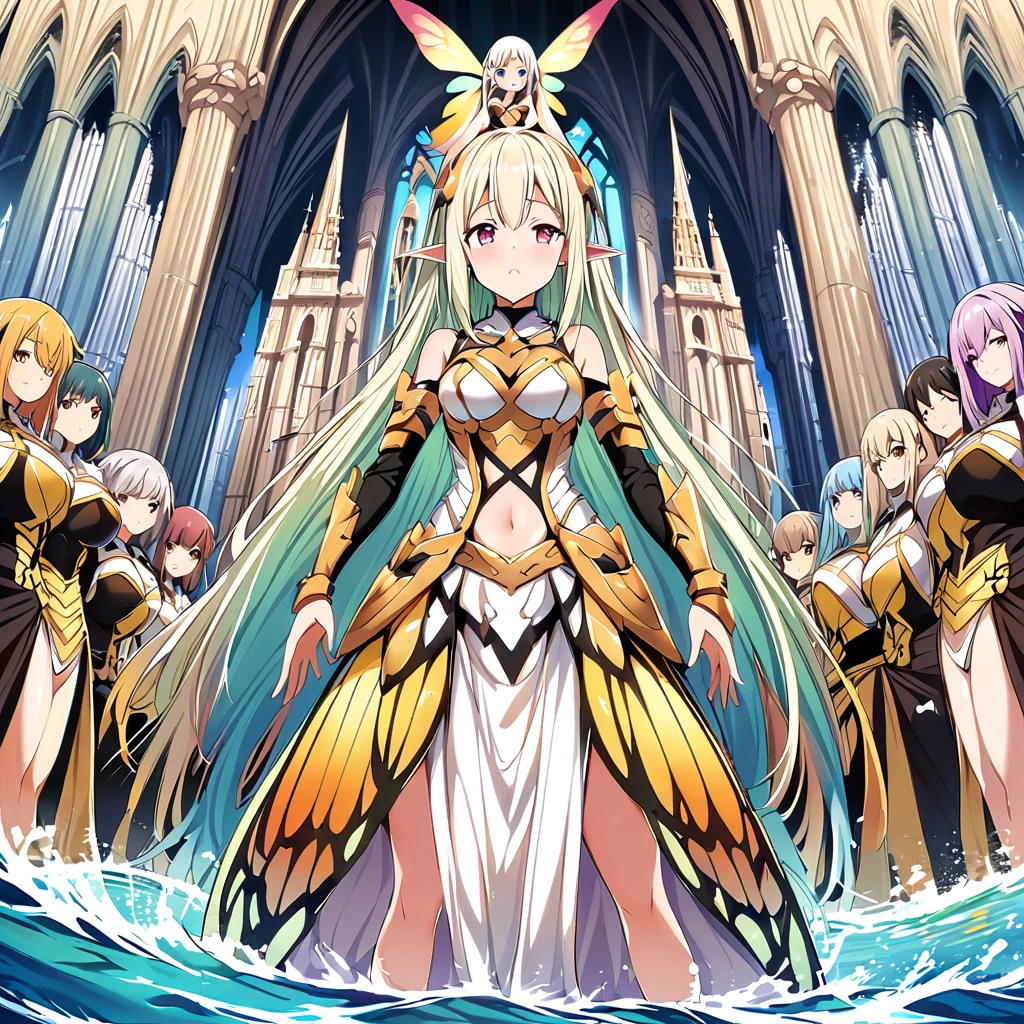 Anime, fairy girls, elf's ears, butterfly's wings, body-armor, detailed body-armors, curvy body, multiple girls,  girls surrounding, background a watered Golden cathedral, Cathedral filled by water ((waterfalls from the cathedral's walls)),  the girls are walking in the Water, Large butterfly's wings in their back