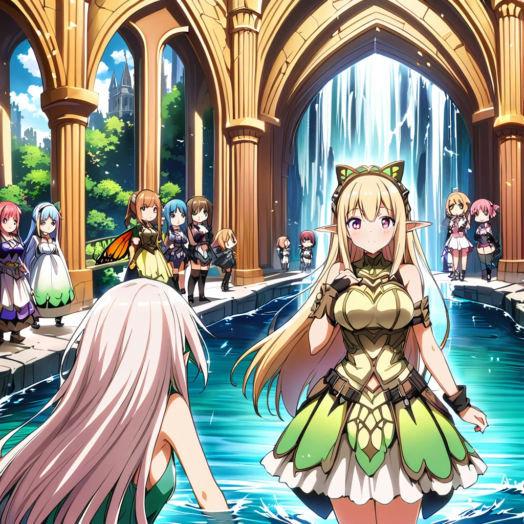 Anime, fairy girls, elf's ears, butterfly's wings, body-armor, detailed body-armors, curvy body, multiple girls,  girls surrounding, background a watered Golden cathedral, Cathedral filled by water ((waterfalls from the cathedral's walls)),  the girls are walking in the Water, Large butterfly's wings in their back