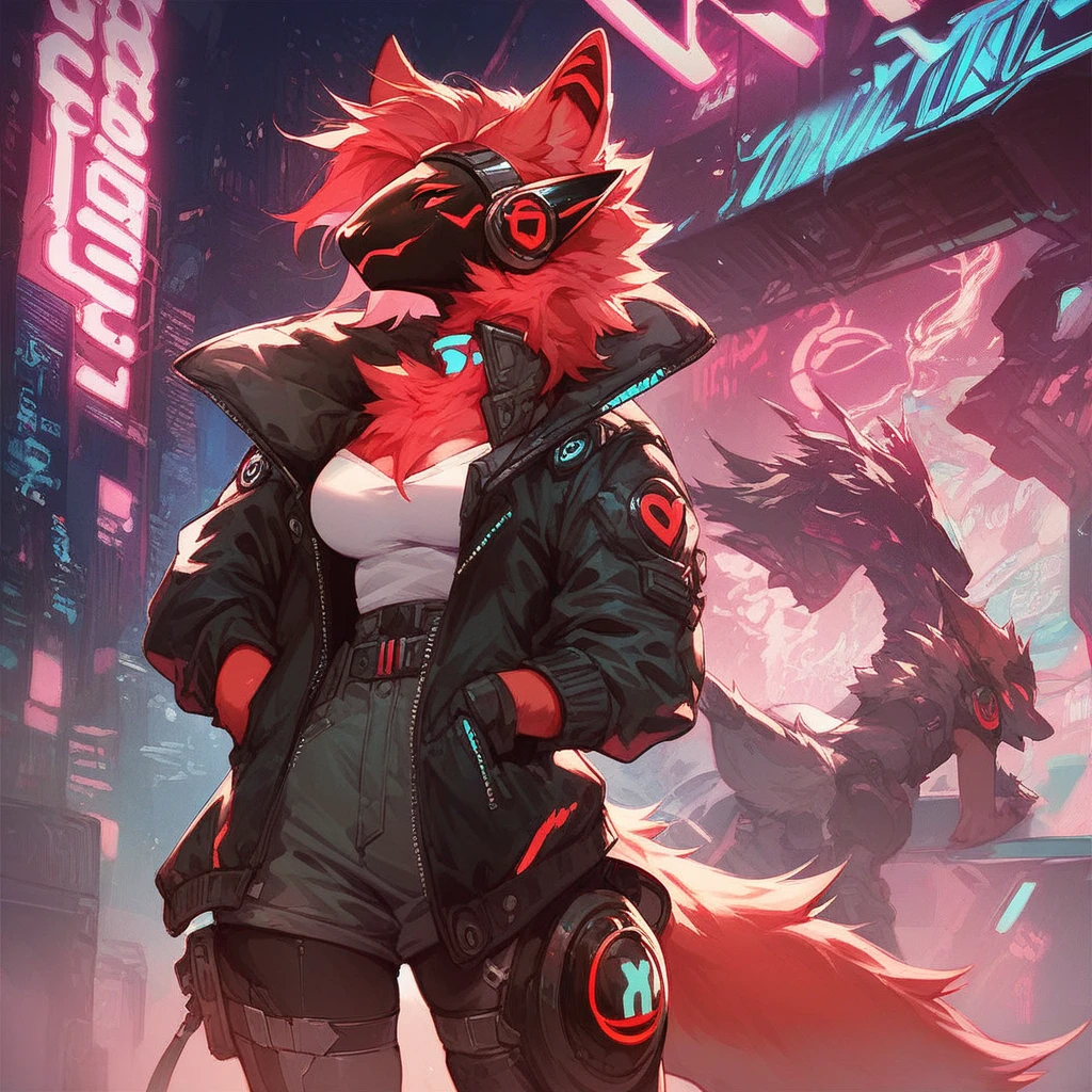 Cyberpunk, ((score_9, score_8, score_7)), Expressiveh, (highly detailed), detailed background, anthro, red protogen, black jacket, red neon lights