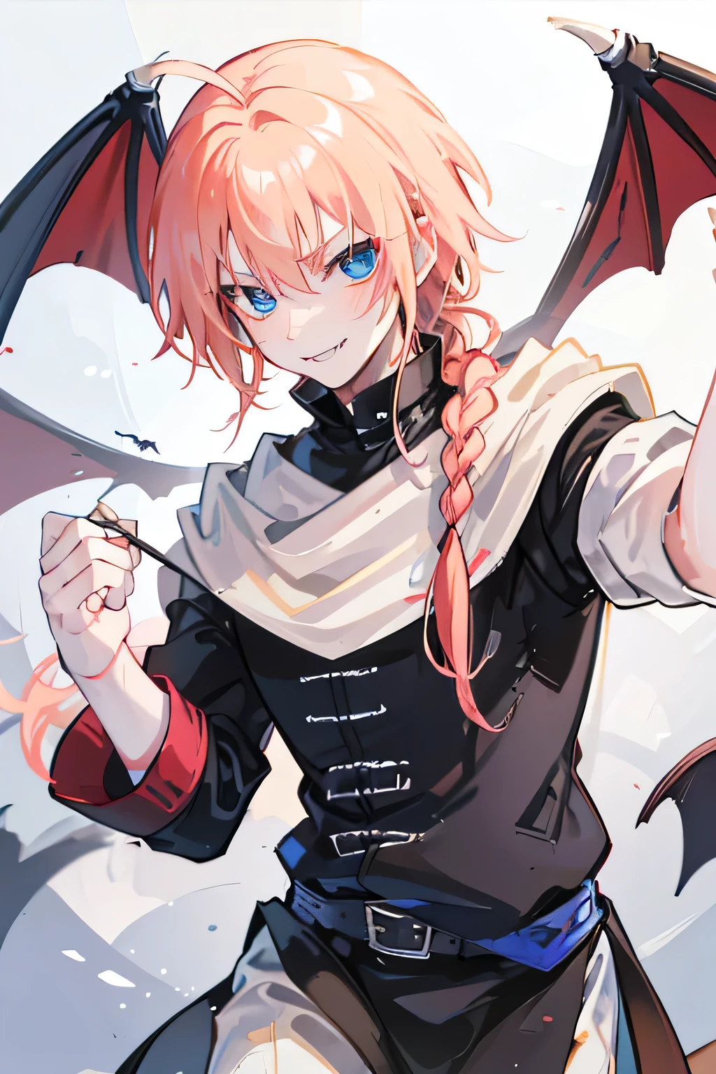 man, chico, boy, man, young, attractive, handsome, Alone, blonde hair, blue eyes, fringe, Half-tied hair, messy hair,  straight hair , tied hair, smile, tsundere, vampire, vampire, fangs, Fangs,  bat wings,  Hair between eyes .  High resolution, HD model,  tall details ,  The best quality , Retina, Yes, shy, smile ligera, Serious, blush