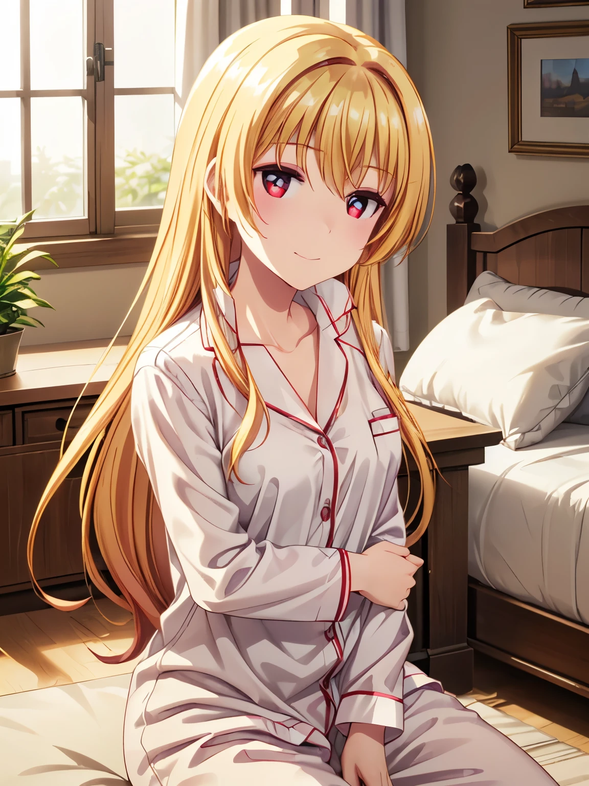 masterpiece、Best Quality、 one girl 、solo、 Kampala、indoor、(ベットにSitting、Sitting:1.2)、Yue、Closed Mouth、smile、Beautiful golden hair 、Long Hair、Red attractive eyes、(In pajamas:1.3),In pajamas、 sharp pupils 、 beautiful eyes、Sharp pupils、(Genuine、Real、Realistic:1.)、 Kampala、 cowboy shot