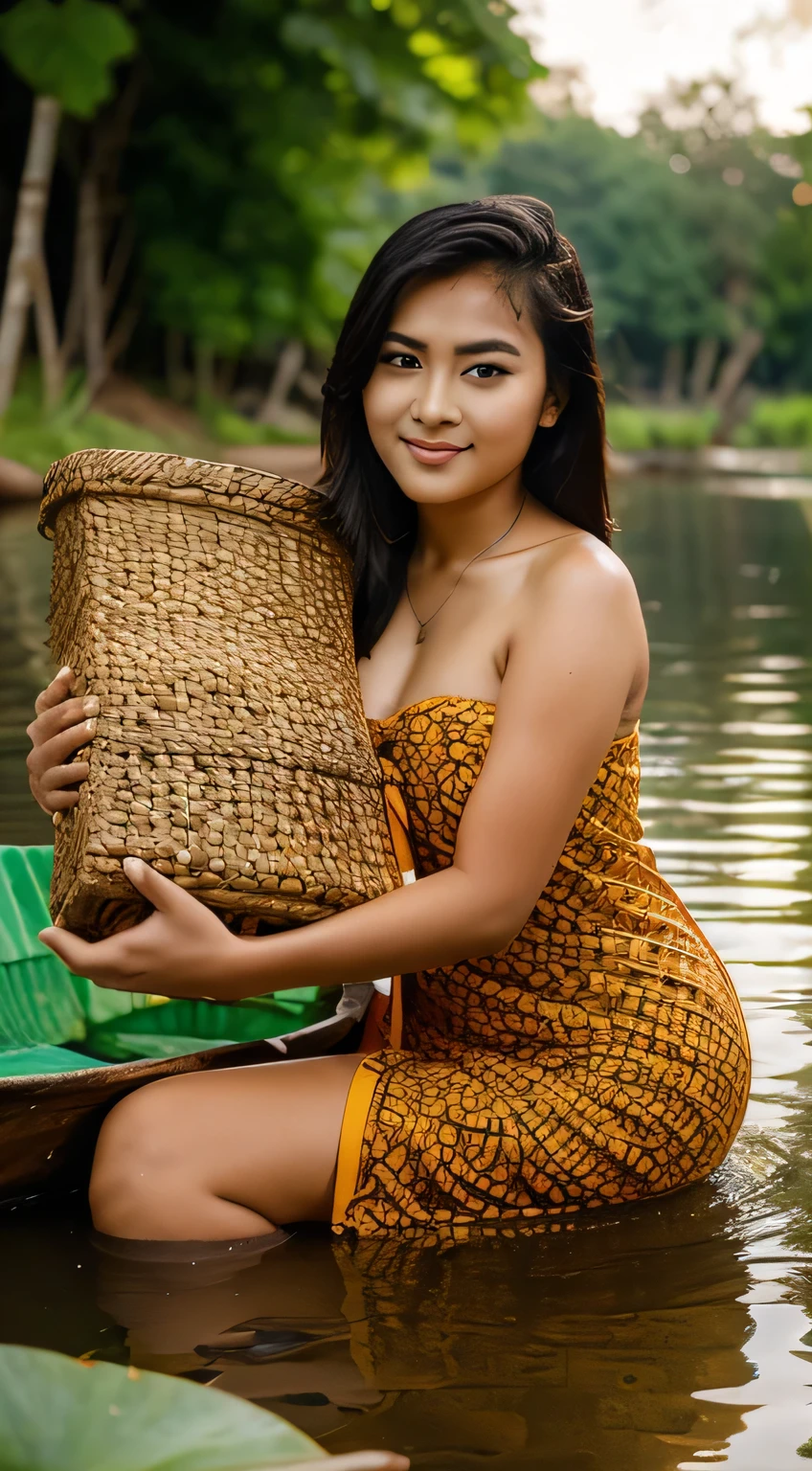 A 20-year-old Asian idol-type girl, very beautiful, wearing sexy sarong, holding a large-sized long eggplant in right hand, sitting on a small thai boat on a lotus lake. There are lots of colorful long eggplants on the boat. Colorful flowers and vines on one side of lake, stones and some fishes in the river, background is beautiful maple trees in forest, with falling maple leaves, sunlight shines, realistic photo.