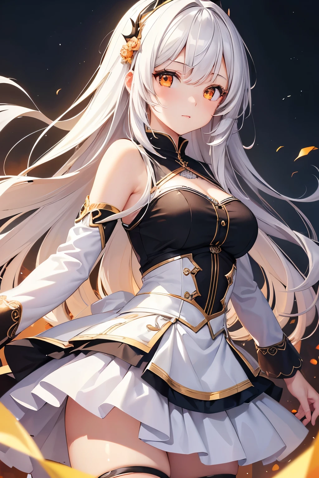 ((4k、8k、top-quality、perfect fingers: 1.3、perfect anatomia: 1.3、Background blur))、((14years、a beauty girl 、a baby face、(white and black with gold decorations、Maid showing leotard、long-sleeve)、long straight hair、Beautiful big drooping eyes))、Happy smiling face、Full body display、Blue summer sky、quiet forest、