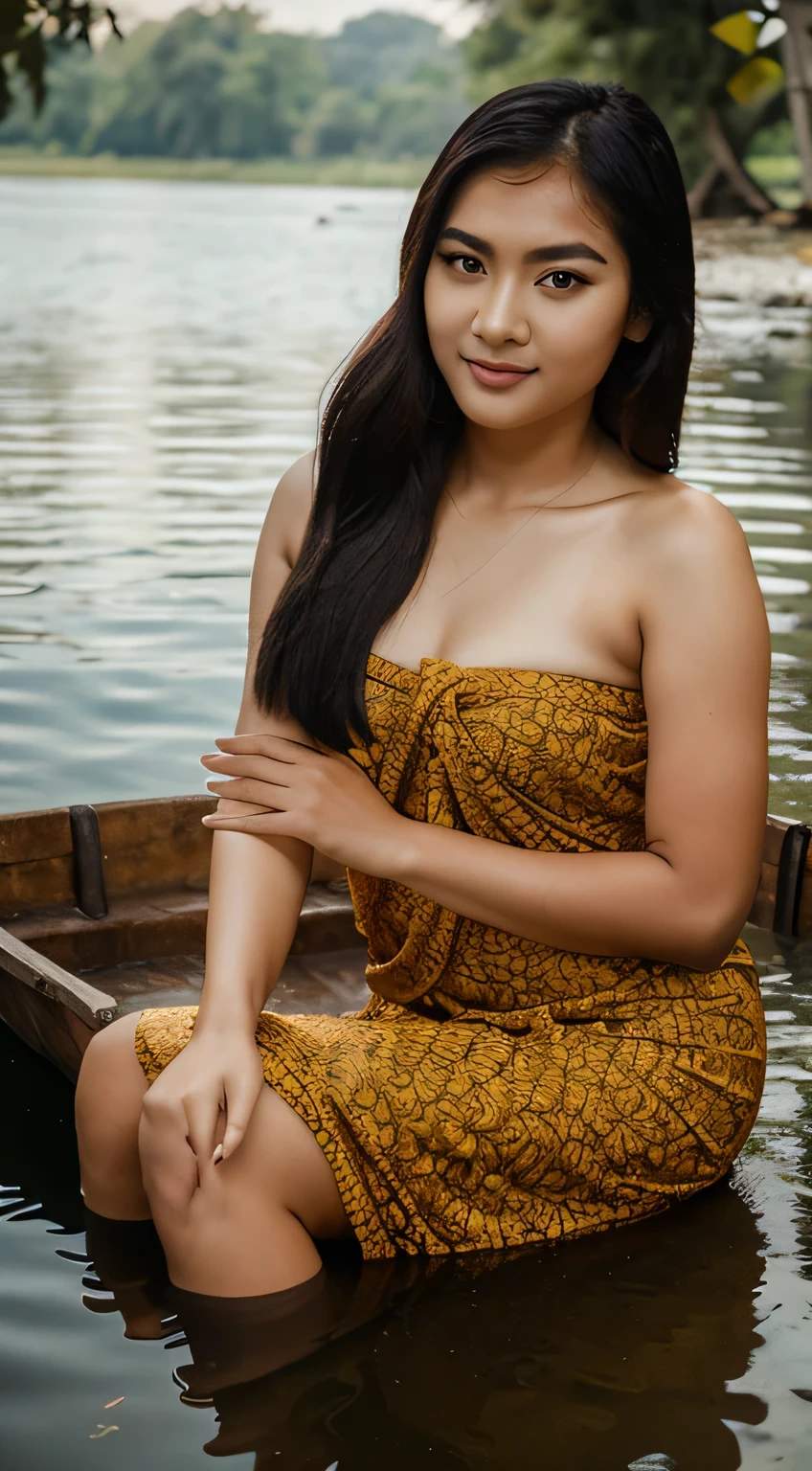 A 20-year-old Asian idol-type girl, very beautiful, wearing sexy sarong, holding a large-sized long eggplant in right hand, sitting on a small thai boat on a lotus lake. There are lots of colorful long eggplants on the boat. Colorful flowers and vines on one side of lake, stones and some fishes in the river, background is beautiful maple trees in forest, with falling maple leaves, sunlight shines, realistic photo.