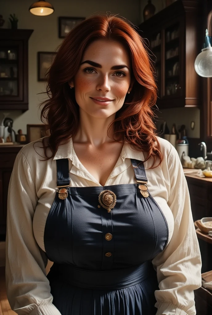 Photorealistic, cinematic style, candid 3/4 angle picture of a mature beautiful British woman in her kitchen.She has Brown eyes, downturned eye shape. looking in the camera. Smile. She has long reddish-brown hair, ((fringe bangs hairdo)). Cream white linen blouse, high-rise dark blue skirt. Perfect hand,HDR, intricate details,
