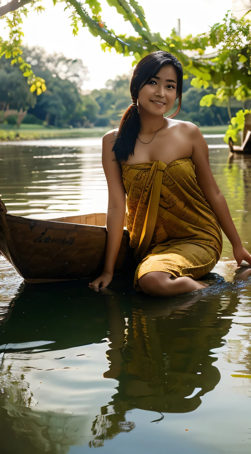 A 20-year-old Asian idol-type girl, very beautiful, wearing sexy sarong, holding a large-sized long eggplant in right hand, sitting on a small thai boat on a lotus lake. There are lots of colorful long eggplants on the boat. Colorful flowers and vines on one side of lake, stones and some fishes in the river, background is beautiful maple trees in forest, with falling maple leaves, sunlight shines, realistic photo.