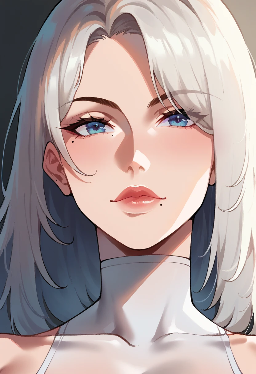 Thiccwithaq_artstyle, yorha 2b, perfect face, perfect lighting, sexy lips, sexy female, closed mouth, beauty mark, thicc, huge breasts, large breasts, close view, very highly detailed shot of 2b holding pineapple