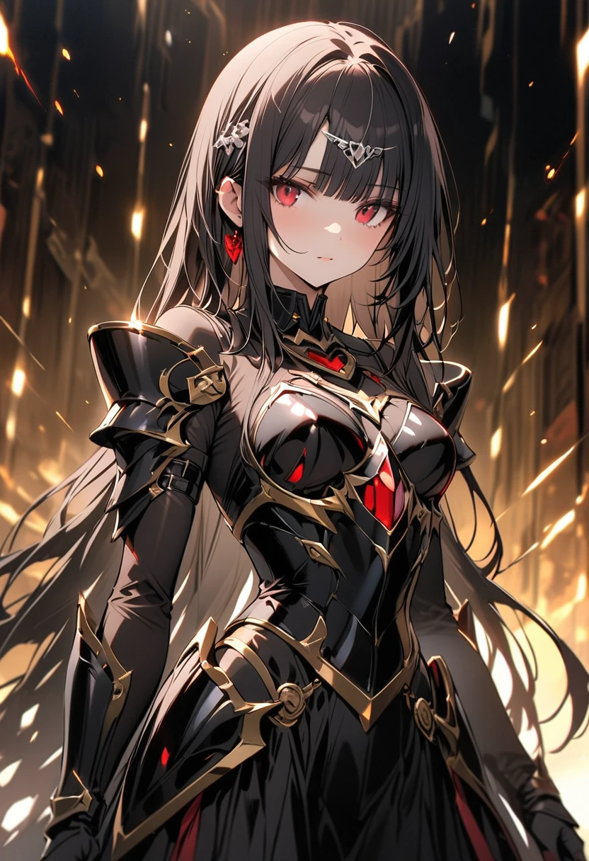 (  highest resolution  , Clear_image) Best Quality, One Woman, Alone, masterpiece,  very detailed ,   woman、beautiful girl、 Black Knight, Black Armor、Heavy Armor、Silver decoration、silver circle on forehead _Ruby decoration 、Black innerwear、Black Hair、 Straight Long Hair、hime cut、Rin々Beautiful face、Red eyes、 Height: 160cm、Slender、Small breasts、Small breasts 、Expressionless、