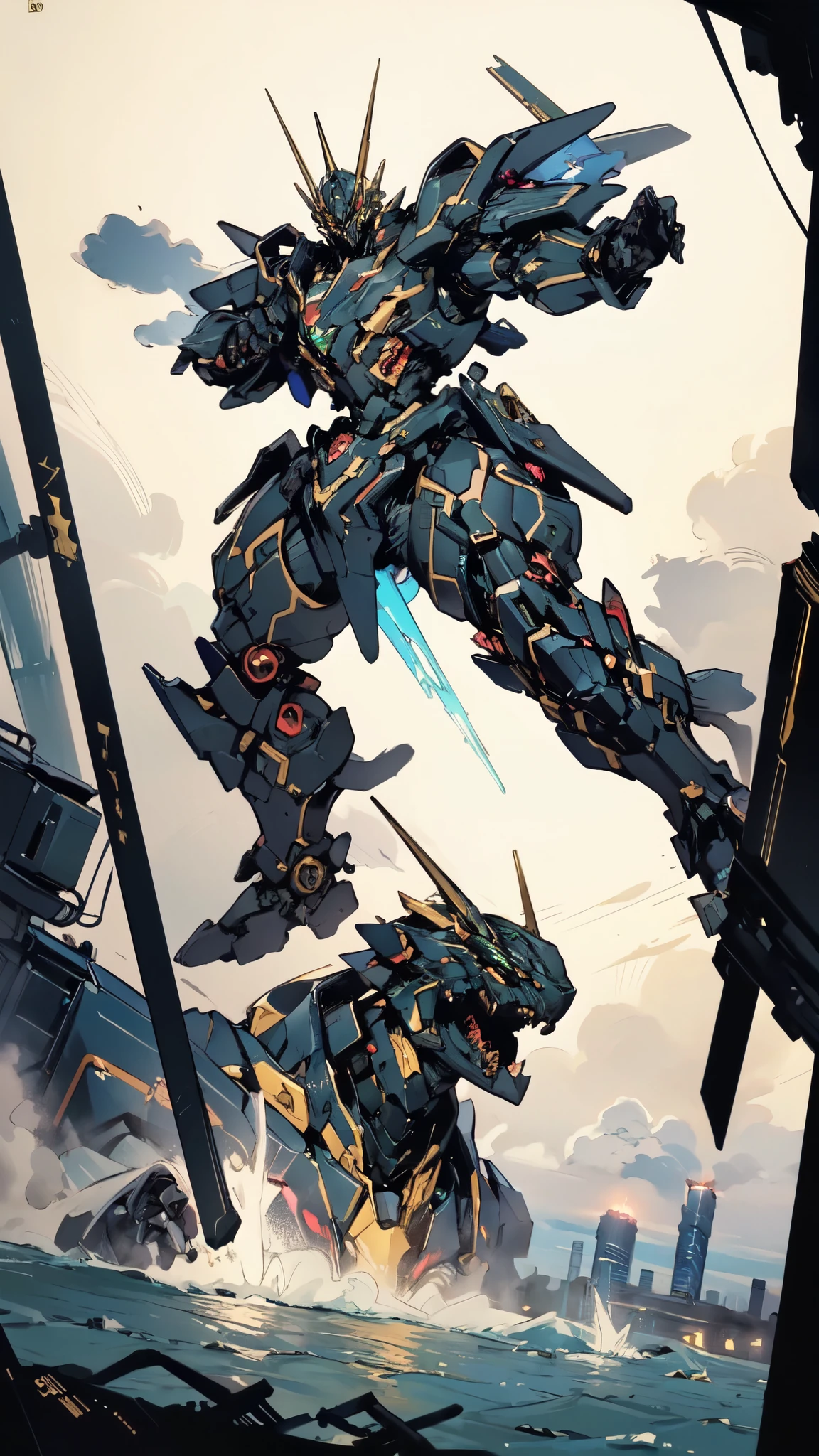 (masterpiece:1.5, best quality:1.5, extremely delicate:1.5, dynamic angle:1.5), ((male:1.5)), Biomimetic humanoid Mecha, green eyes, fully enclosed shoulder guards, matching arm and leg guards, gemstone, full body, full armor, the design balances heavy with agility, organic biotech armor, (the color scheme is primarily Golden and Black with Red and Green accents, concept Inspired by Godzilla, glowing eyes, the armor glows), standing, floating high above the futuristic sci-fi city, a finely crafted Super robot in anime style, exquisite and mature art style, metallic, dramatic, high definition, highres, ultra-detailed, ultra-fine painting, professional, anatomically correct, symmetrical face, extremely detailed eyes and face, high quality eyes, creativity, RAW photo, UHD, 32k, Natural light, cinematic lighting, (masterpiece-anatomy-perfect:1.2)