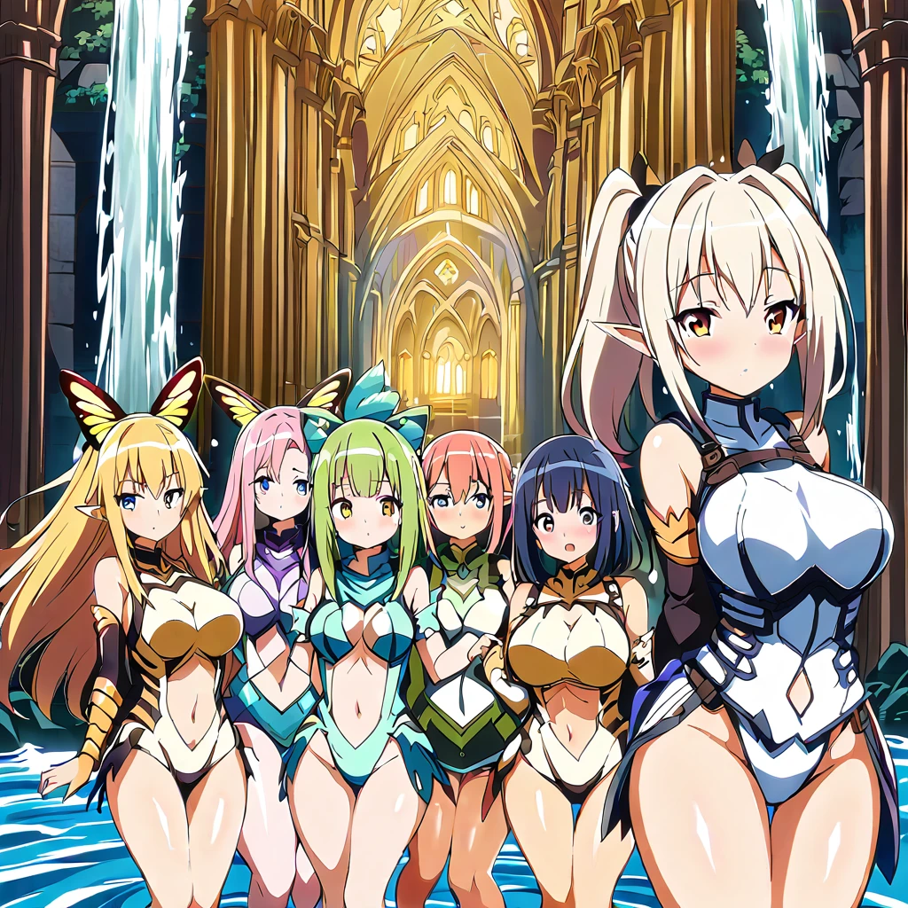 Anime, fairy girls, elf's ears, butterfly's wings, body-armor, detailed body-armors, curvy body, multiple girls,  girls surrounding, background a watered Golden cathedral, Cathedral filled by water ((waterfalls from the cathedral's walls)),  the girls are walking in the Water, Large butterfly's wings in their back, curvy body 