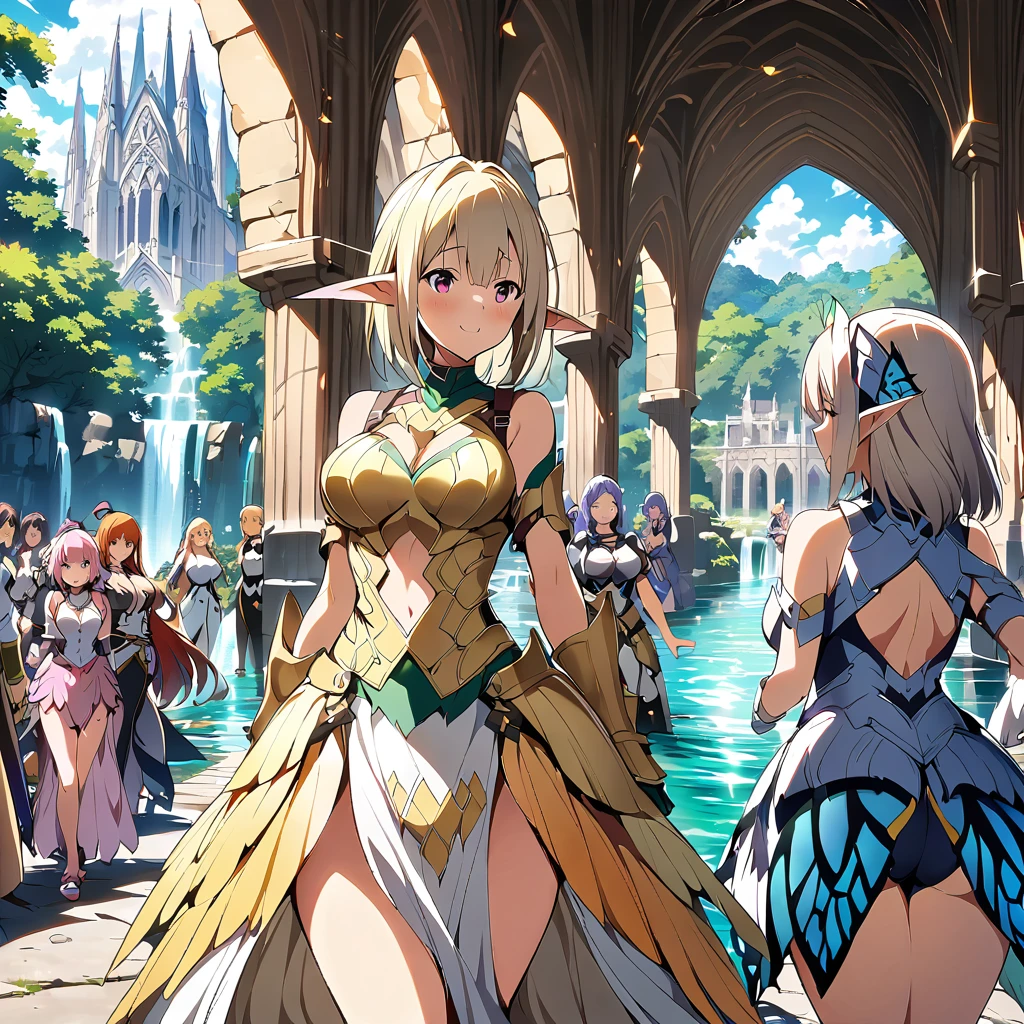 Anime, fairy girls, elf's ears, butterfly's wings, body-armor, detailed body-armors, curvy body, multiple girls,  girls surrounding, background a watered Golden cathedral, Cathedral filled by water ((waterfalls from the cathedral's walls)),  the girls are walking in the Water, Large butterfly's wings in their back, curvy body 