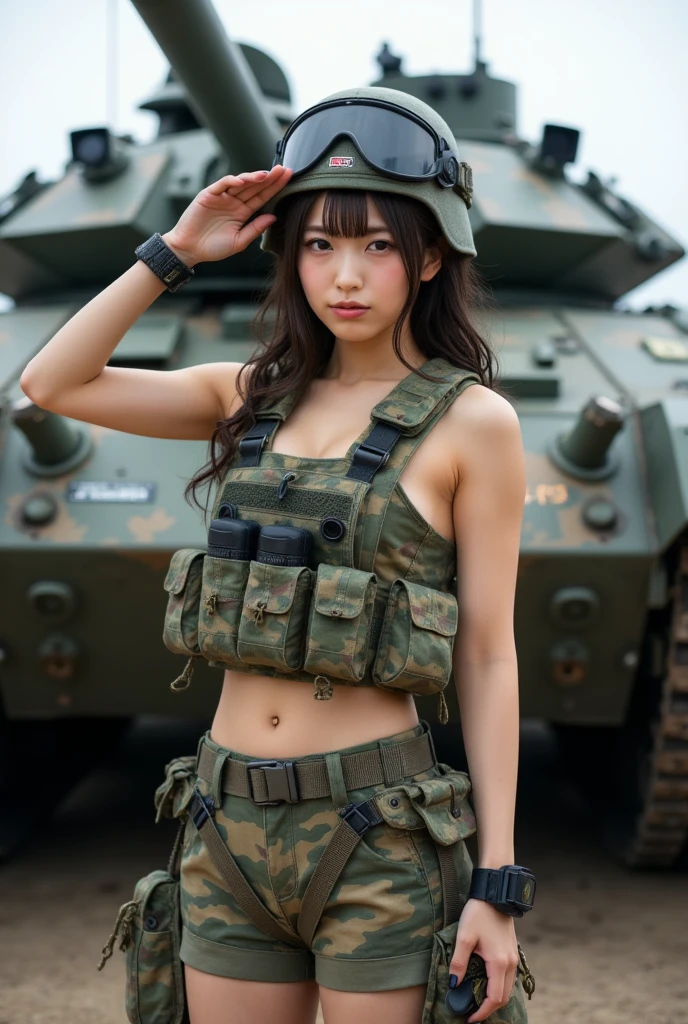 Japanese erotic female prisoner mercenary、Camouflage、gun、Thighs、Dirt on face、Cleavage