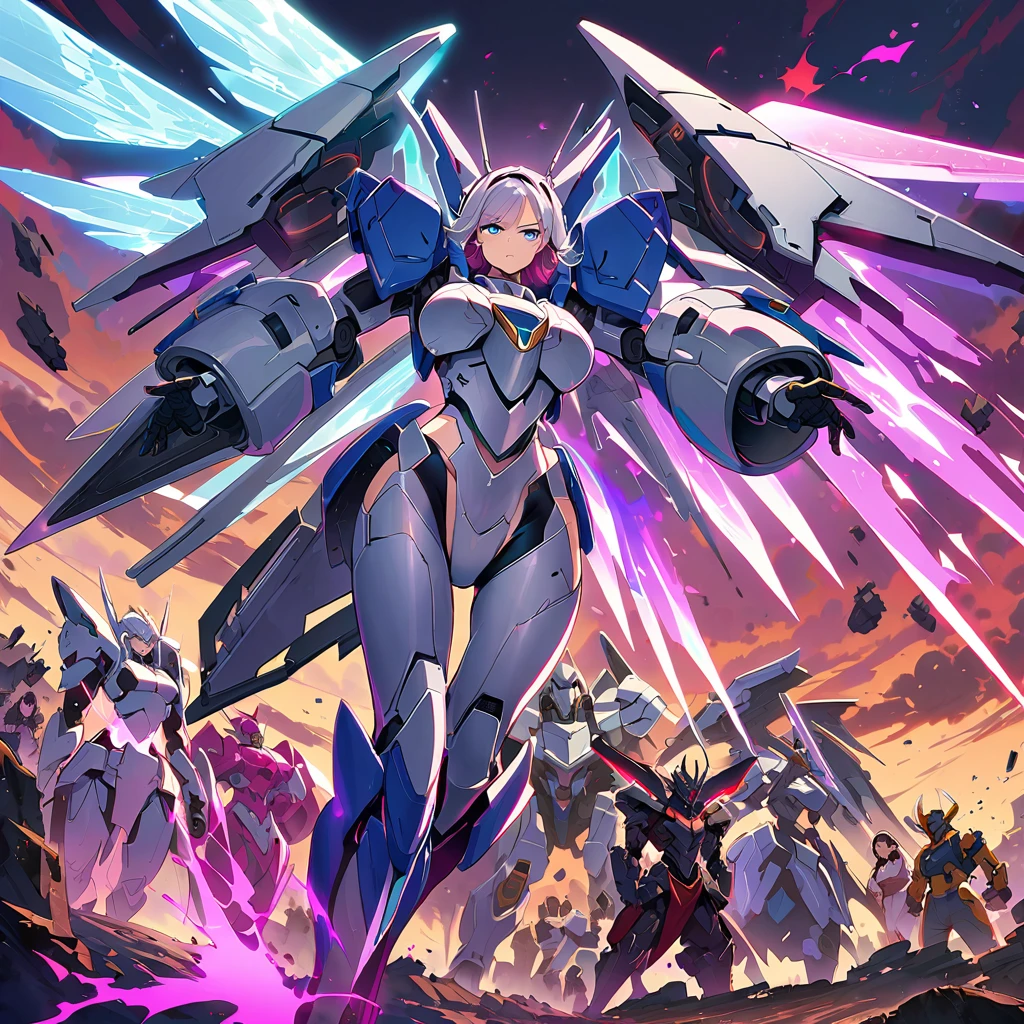 Anime, high detailed, multiple womans, mature womans, platinum-like mecha armor, large mechanical wings, large Gauntlet, serious, curvy body, long mechanical wings, mecha weapons、Colored armors、magenta Colored aura、BLUE Eyes, elongated pupils,  Mature Woman、magenta aura、womans surrounding, background a crumbled city