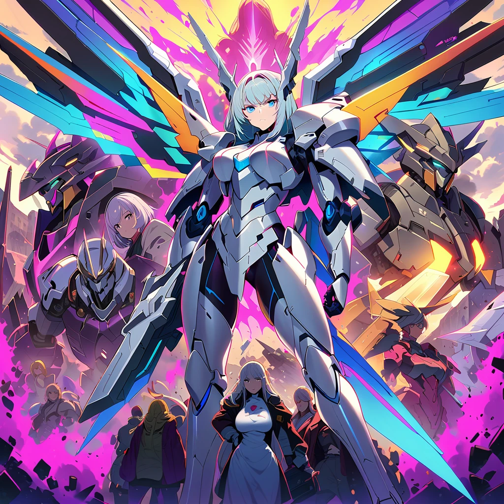 Anime, high detailed, multiple womans, mature womans, platinum-like mecha armor, large mechanical wings, large Gauntlet, serious, curvy body, long mechanical wings, mecha weapons、Colored armors、magenta Colored aura、BLUE Eyes, elongated pupils,  Mature Woman、magenta aura、womans surrounding, background a crumbled city