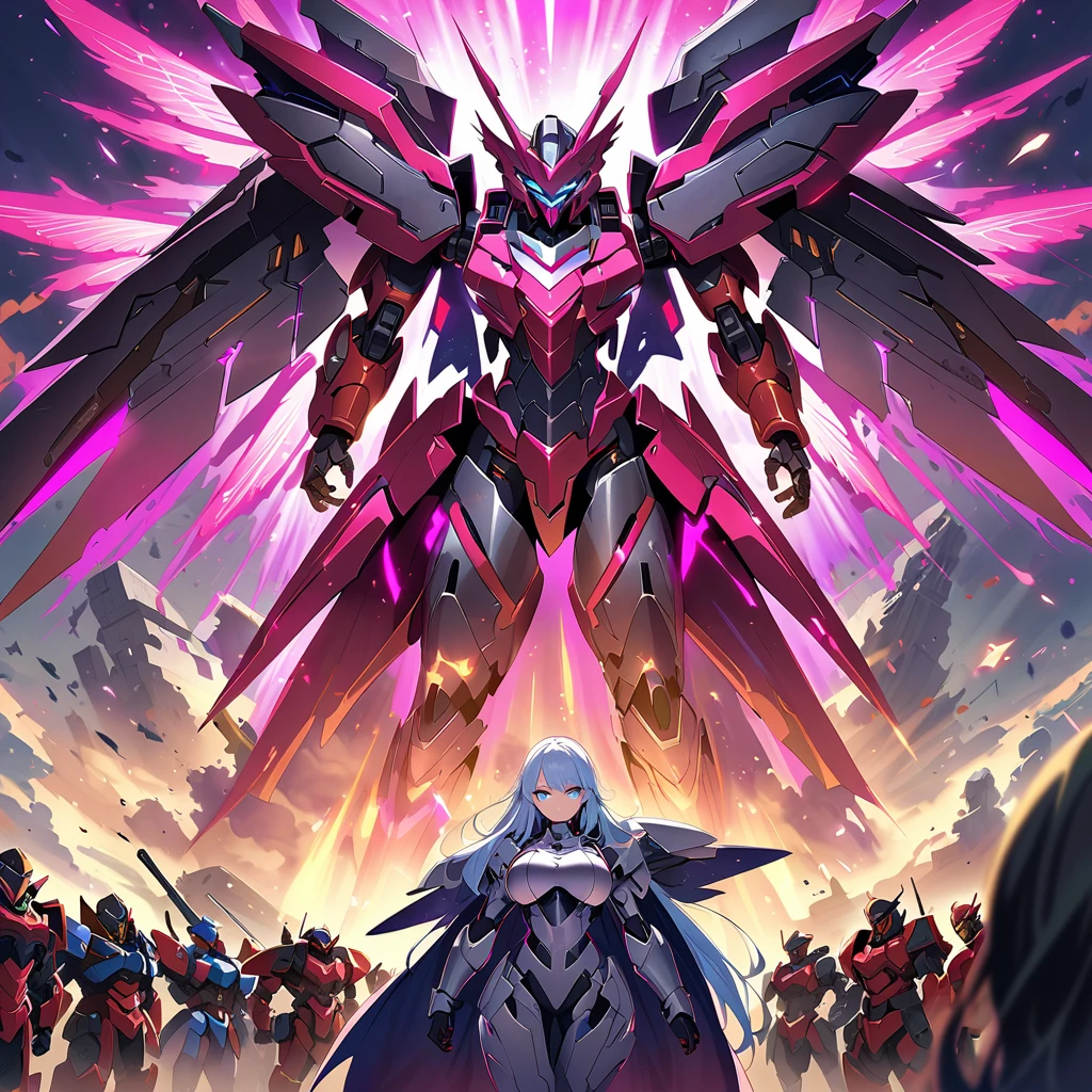 Anime, high detailed, multiple womans, mature womans, platinum-like mecha armor, large mechanical wings, large Gauntlet, serious, curvy body, long mechanical wings, mecha weapons、Colored armors、magenta Colored aura、BLUE Eyes, elongated pupils,  Mature Woman、magenta aura、womans surrounding, background a crumbled city