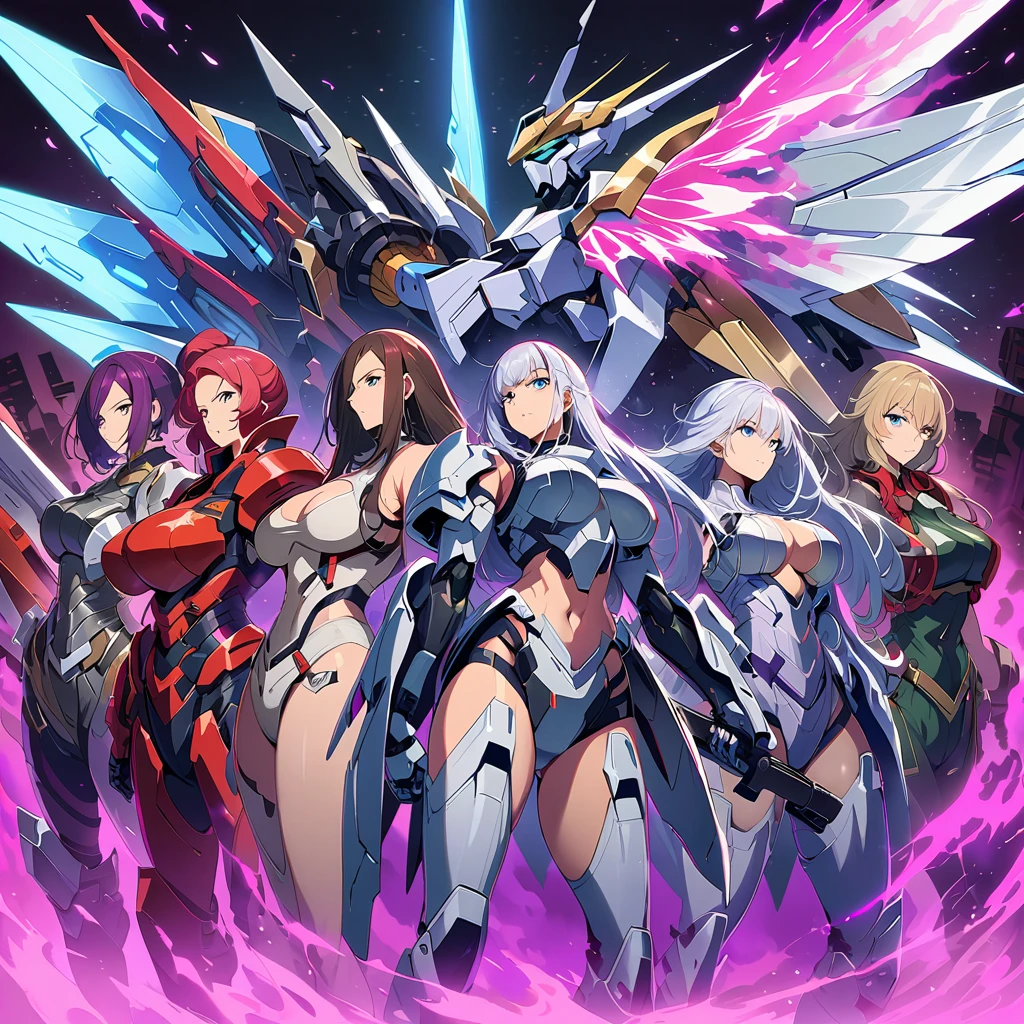 Anime, high detailed, multiple womans, mature womans, platinum-like mecha armor, large mechanical wings, large Gauntlet, serious, curvy body, long mechanical wings, mecha weapons、Colored armors、magenta Colored aura、BLUE Eyes, elongated pupils,  Mature Woman、magenta aura、womans surrounding, background a crumbled city