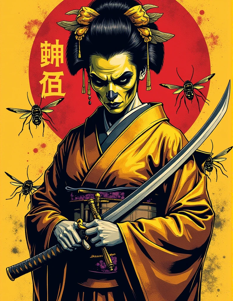 creative logo illustration fantasy art of a crossed katana, a biohazard geisha with a gaz mask on her face and holding a paper fan surrounded by vivid yallow and black wasps, featuring the word ( GEISHA ) in bold raw font style, gradiant colorful font, artfully bended and integrated at the top of the design, combined the fantasy art and the vibrant digital style by dan mumford, jean pierre mong, alex janvier, high definition, intricate details, negative space, tshirt design set on a bright background