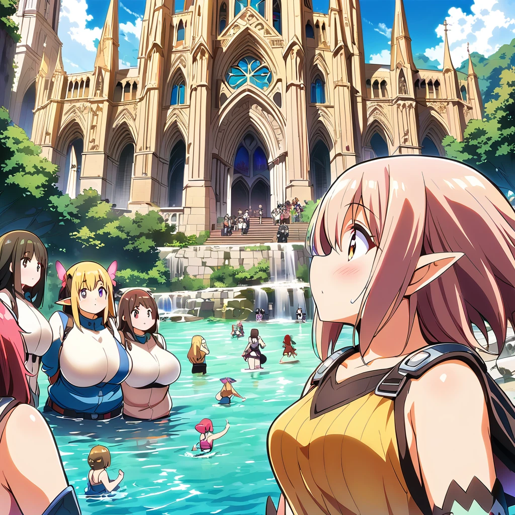 Anime, fairy girls, elf's ears, butterfly's wings, body-armor, detailed body-armors, plump body, multiple girls,  girls surrounding, background a watered Golden cathedral, Cathedral filled by water ((waterfalls from the cathedral's walls)),  the girls are walking in the Water, Large butterfly's wings in their back, plump body 