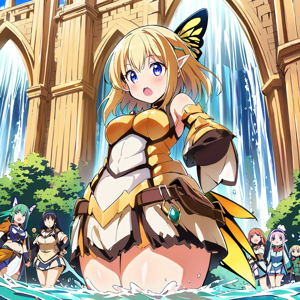 Anime, fairy girls, elf's ears, butterfly's wings, body-armor, detailed body-armors, plump body, multiple girls,  girls surrounding, background a watered Golden cathedral, Cathedral filled by water ((waterfalls from the cathedral's walls)),  the girls are walking in the Water, Large butterfly's wings in their back, plump body 