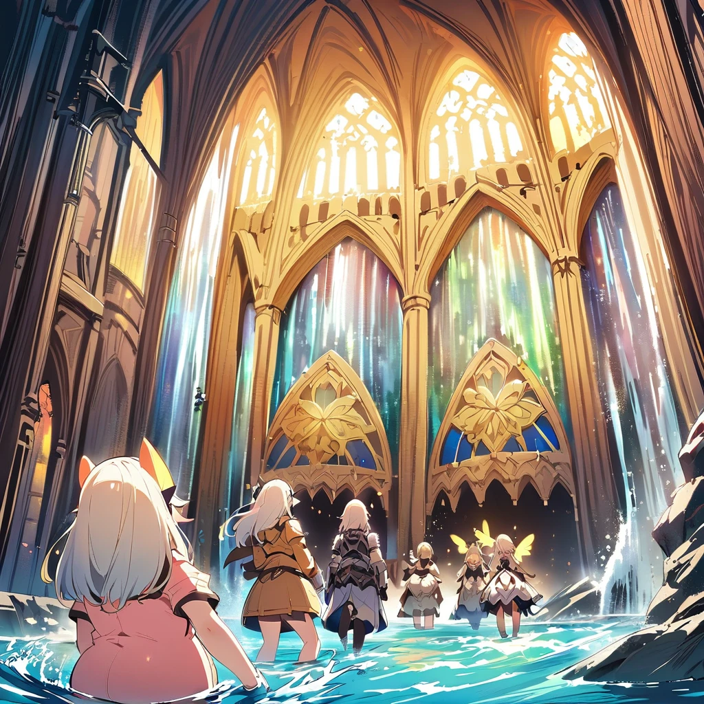 Anime, fairy girls, elf's ears, butterfly's wings, body-armor, detailed body-armors, plump body, multiple girls,  girls surrounding, background a watered Golden cathedral, Cathedral filled by water ((waterfalls from the cathedral's walls)),  the girls are walking in the Water, Large butterfly's wings in their back, plump body 