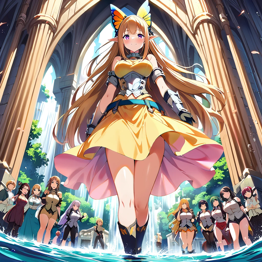 Anime, fairy girls, elf's ears, butterfly's wings, body-armor, detailed body-armors, plump body, multiple girls,  girls surrounding, background a watered Golden cathedral, Cathedral filled by water ((waterfalls from the cathedral's walls)),  the girls are walking in the Water, Large butterfly's wings in their back, plump body 