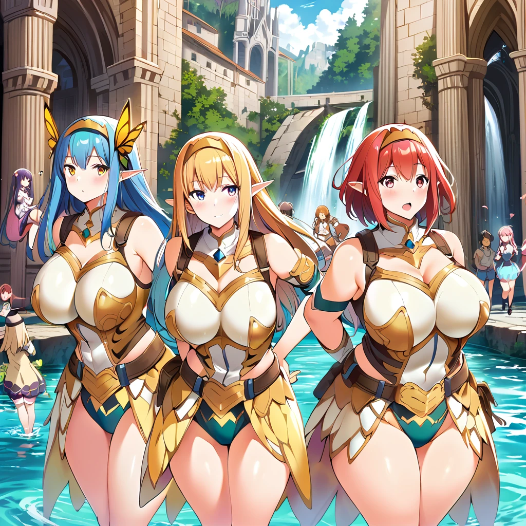 Anime, fairy girls, elf's ears, butterfly's wings, body-armor, detailed body-armors, plump body, multiple girls,  girls surrounding, background a watered Golden cathedral, Cathedral filled by water ((waterfalls from the cathedral's walls)),  the girls are walking in the Water, Large butterfly's wings in their back, plump body 