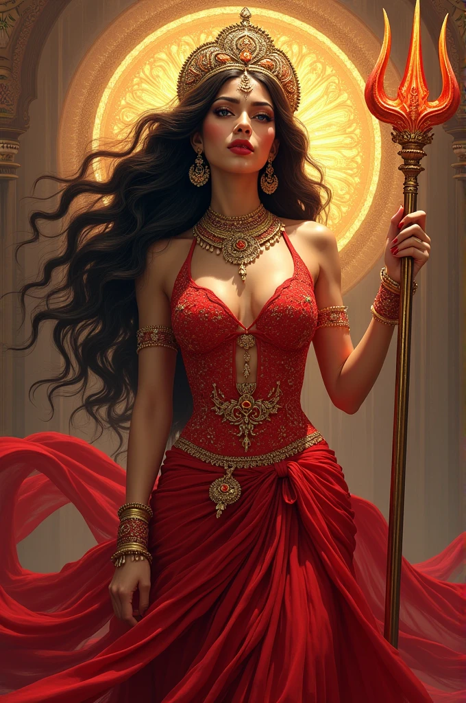 **Goddess of Fire**
   - **Appearance:** A strikingly beautiful woman with an intense gaze, adorned in a highly contrasted outfit of deep reds and oranges, symbolizing flames. Her makeup is bold, with fiery eyeshadow and ruby-red lips.
   - **Details:** Her hair is long, streaked with shades of red, gold, and auburn, resembling dancing flames. The play of light and shade emphasizes her fiery nature, with sparkling sunlight casting a golden glow on her intricate outfit.she is wearing 
   - **Composition:** The background is a vibrant palette of reds and yellows, with a hint of blue to contrast. The entire composition captures the dynamic energy of fire, with sharp focus on her detailed face and body