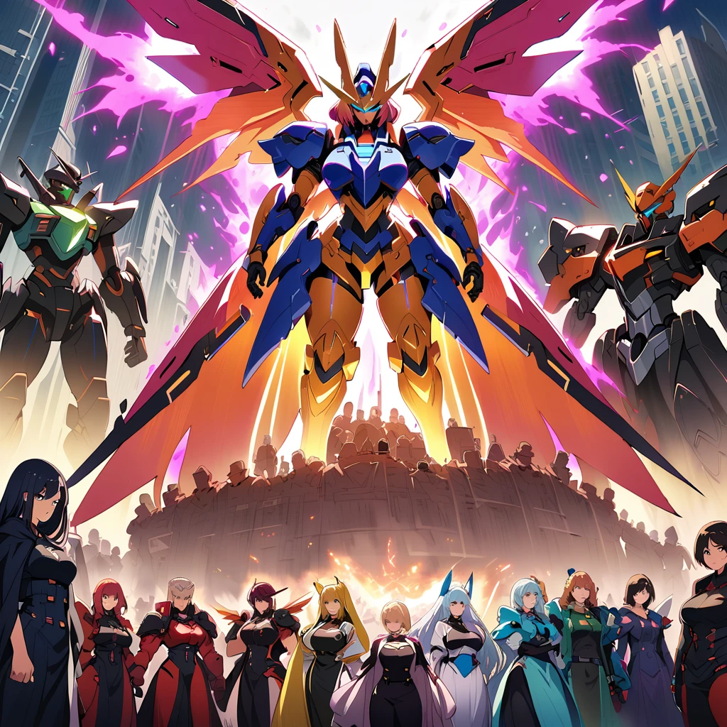 Anime, high detailed, multiple womans, mature womans, extremely large hair, shiny mecha armor, large mechanical wings, large Gauntlet, serious, curvy body, long mechanical wings, mecha weapons、Colored armors、magenta Colored aura、BLUE Eyes, elongated pupils,  Mature Woman、magenta aura、womans surrounding, background a crumbled city