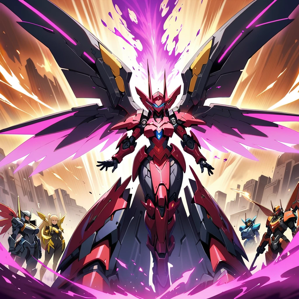 Anime, high detailed, multiple womans, mature womans, extremely large hair, shiny mecha armor, large mechanical wings, large Gauntlet, serious, curvy body, long mechanical wings, mecha weapons、Colored armors、magenta Colored aura、BLUE Eyes, elongated pupils,  Mature Woman、magenta aura、womans surrounding, background a crumbled city