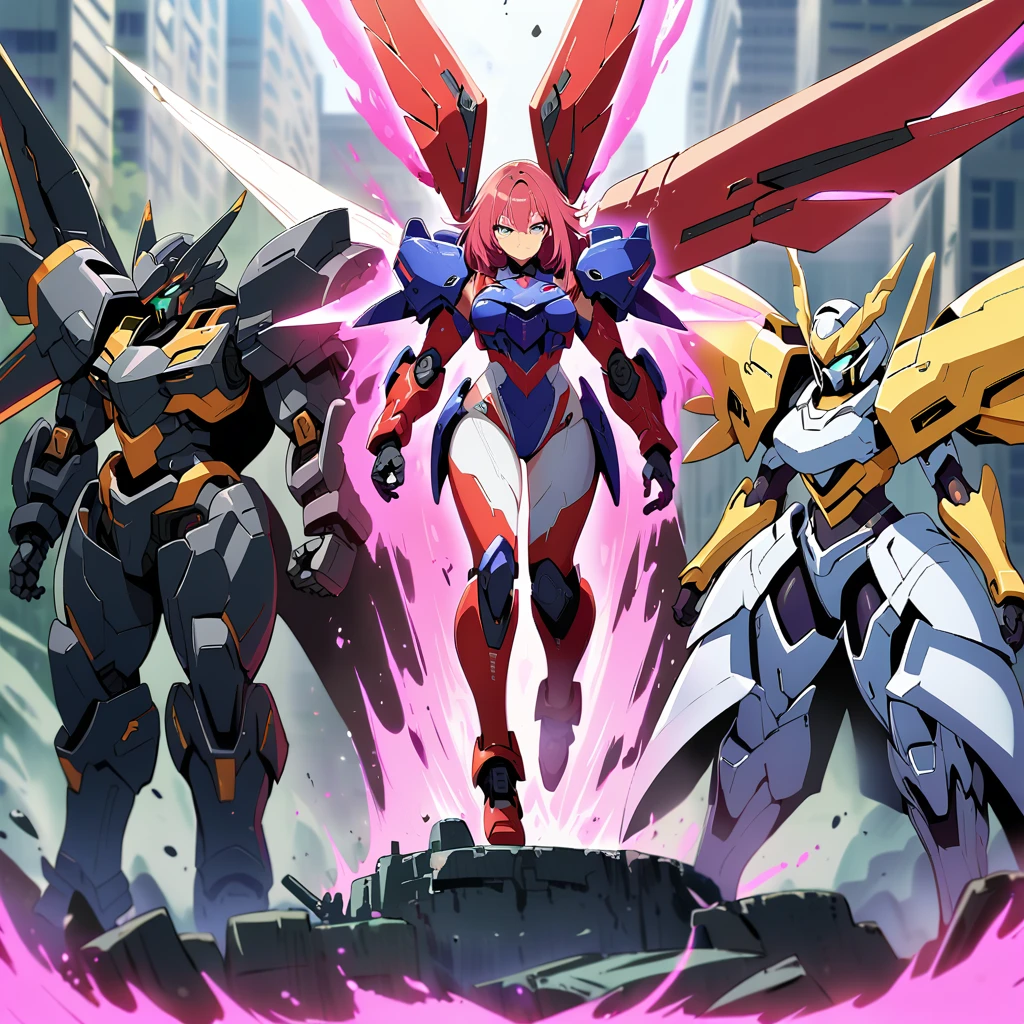 Anime, high detailed, multiple womans, mature womans, extremely large hair, shiny mecha armor, large mechanical wings, large Gauntlet, serious, curvy body, long mechanical wings, mecha weapons、Colored armors、magenta Colored aura、BLUE Eyes, elongated pupils,  Mature Woman、magenta aura、womans surrounding, background a crumbled city