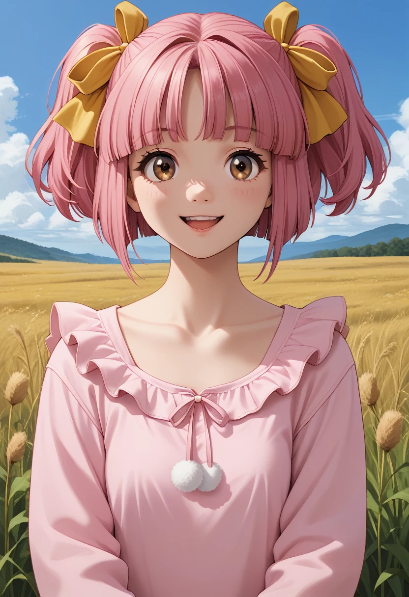 smile, 
itsuki_momoko, brown eyes, pink hair, short hair, hair ribbon, yellow ribbon, twintails, frills, pom pom \(clothes\), pink sundress, pink pajamas, 1girl, solo, (field:1.2), (blue sky:1.2),, masterpiece, best quality, good quality, newest, general,, (upper body:1.2), (close-up:1.2), (facing viewer:1.4), (open eyes:1.4), (portrait:1.4)