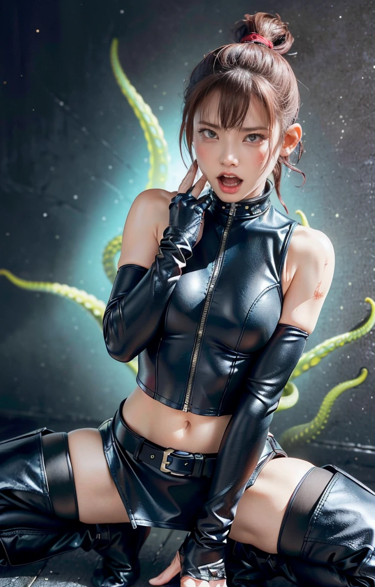 (8K、Best Quality、masterpiece:1.2)、(Realism、 Photorealistic:1.37)、 ultra-fine、Beautiful Ninja Girl、 ponytail、Black Crop Top Leather Armor、Brown Belt、Thigh Sheath、Black Mini Leather Skirt、Black above-the-knee flat boots、Tight leather suit、Leather texture、Full body photo、Spread your legs、The background is tentacles、 put your hands behind your head 、Surrounded by tentacles、The body is connected by many tentacles.,、Hands bound by tentacles、The legs are connected with tentacles、Tentacles groping the whole body、Kneel、Covered in tentacles、Covered in tentacles、Kneel weakly、Light Skin、(((pain、Expression of pain、suffering、suffering、Panic facial expression、Open your mouth and scream、Annoyed expression、彼の顔にはAnnoyed expressionが浮かんでいた、 Asking for help)))、