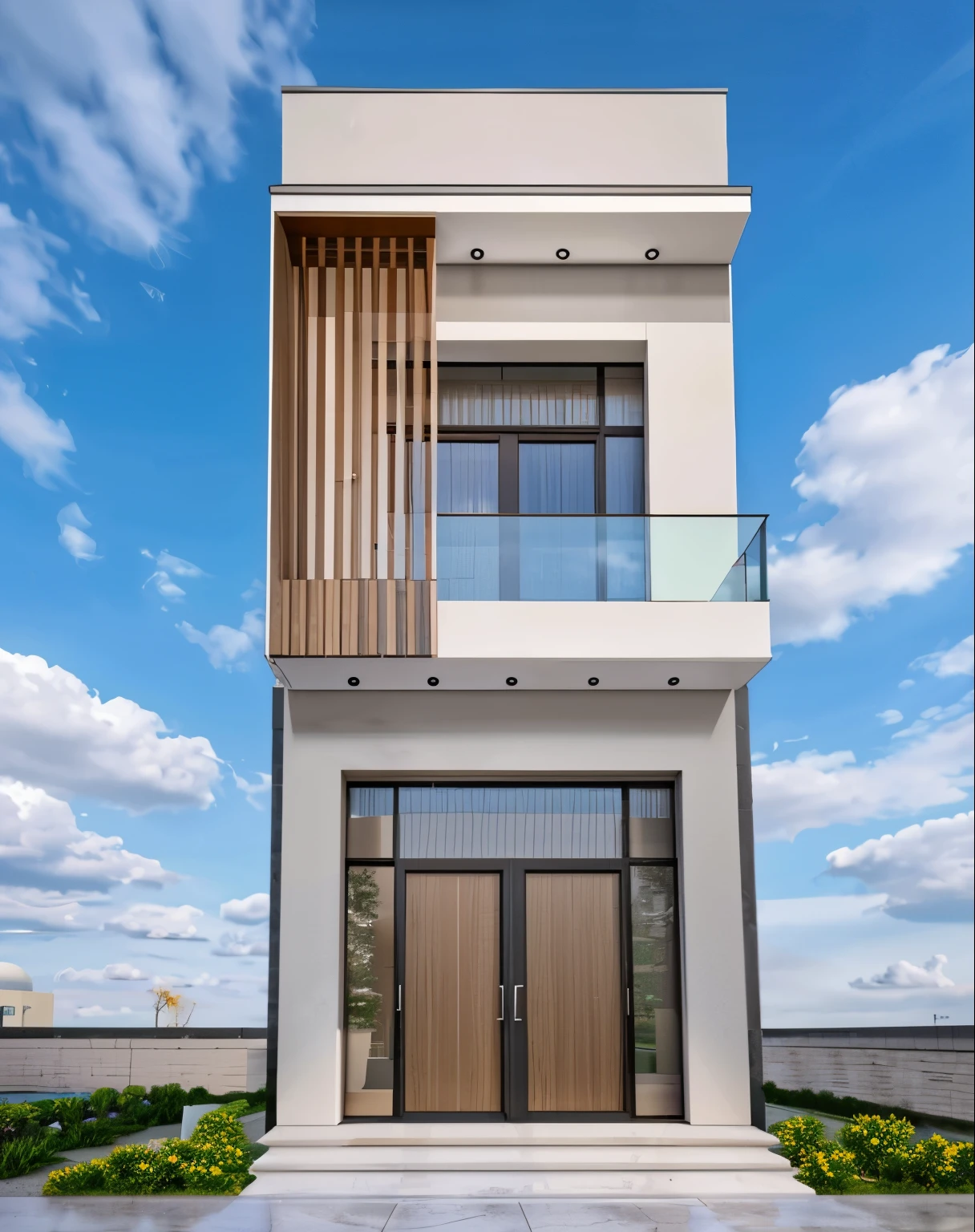 modern townhouse, white wall, glass door, glass railing, small bushes next to the house, ((daylight)), High resolution, super detailed, 4k, vray rendering, hyper realistic, photography expert, exterior design, professional photography, exterior photography, wide angle shot, super detailed, High resolution, full frame, 4k