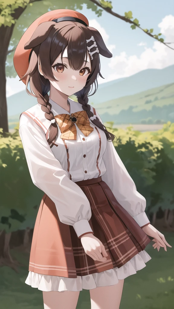 masterpiece, best quality, highres, ik2, 1girl, inugami korone, white shirt, brown skirt, twin braids, hat, animal ears, long sleeves, plaid bowtie, medium breasts, hairclip, cowboy shot, standing, outdoors,