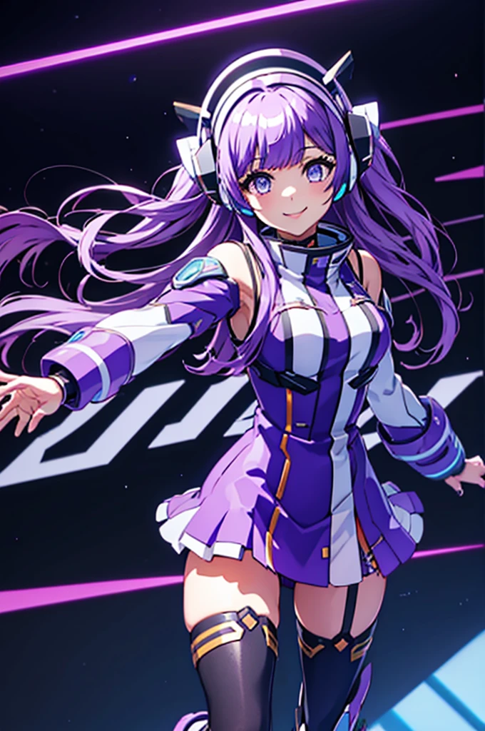 mecha wing、Thighs、Black tights、chest、smile、 light purple hair 、 1 girl、 solo girl 、income、 headphones、idol dress、tablet device、mecha girl、 white miniskirt 