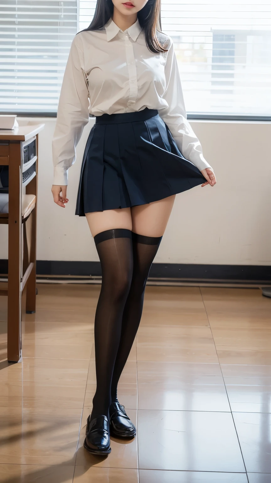 No face,Film texture,Natural Light, Delicate details , best quality,School Uniform,Big breasts,Photo Studio,office skirt,UNIQLO,Legs stuck to the ground,indoor,Stockings,Natural standing