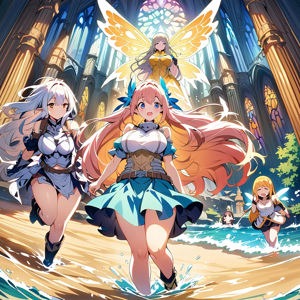 Anime, fairy girls, elf's ears, butterfly's wings, body-armor, detailed body-armors, plump body, multiple girls, large curly hair, girls surrounding, background a watered Golden cathedral, Cathedral filled by water ((waterfalls from the cathedral's walls)),  the girls are walking in the Water, Large butterfly's wings in their back, plump body 