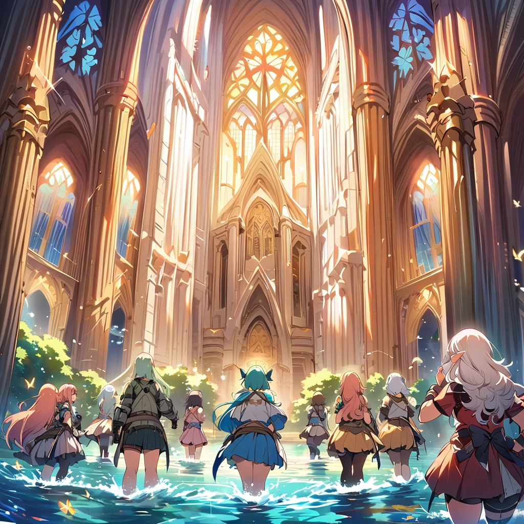 Anime, fairy girls, elf's ears, butterfly's wings, body-armor, detailed body-armors, plump body, multiple girls, large curly hair, girls surrounding, background a watered Golden cathedral, Cathedral filled by water ((waterfalls from the cathedral's walls)),  the girls are walking in the Water, Large butterfly's wings in their back, plump body 