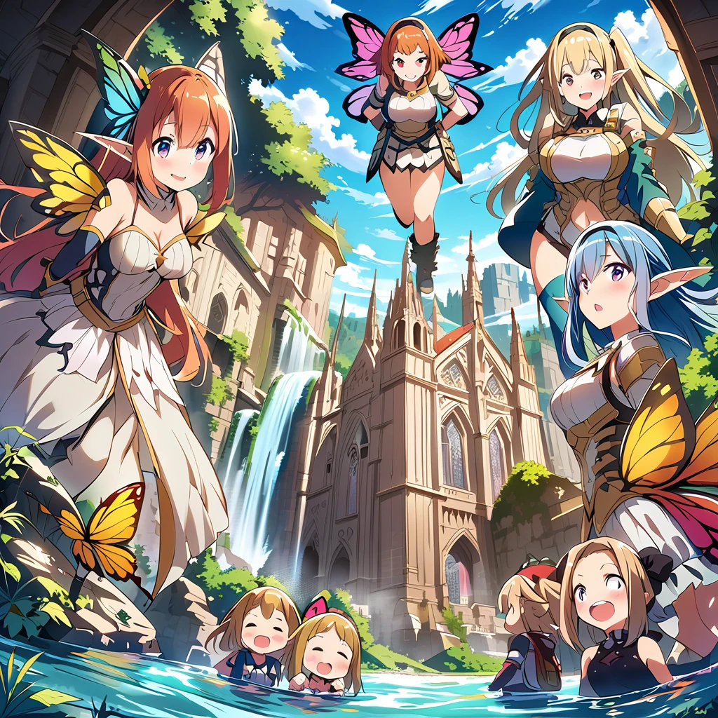 Anime, fairy girls, elf's ears, butterfly's wings, body-armor, detailed body-armors, plump body, multiple girls, large curly hair, girls surrounding, background a watered Golden cathedral, Cathedral filled by water ((waterfalls from the cathedral's walls)),  the girls are walking in the Water, Large butterfly's wings in their back, plump body 