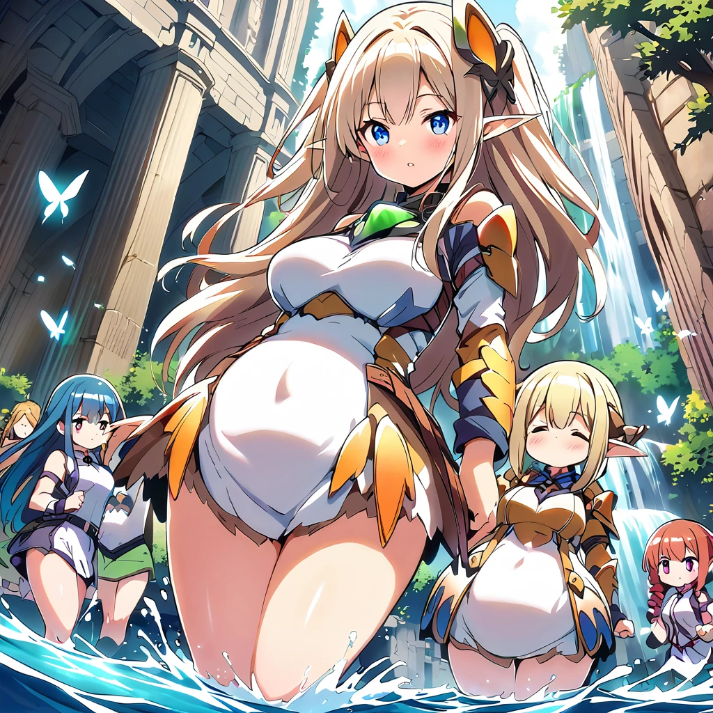 Anime, fairy girls, elf's ears, butterfly's wings, body-armor, detailed body-armors, plump body, multiple girls, large curly hair, girls surrounding, background a watered Golden cathedral, Cathedral filled by water ((waterfalls from the cathedral's walls)),  the girls are walking in the Water, Large butterfly's wings in their back, plump body 