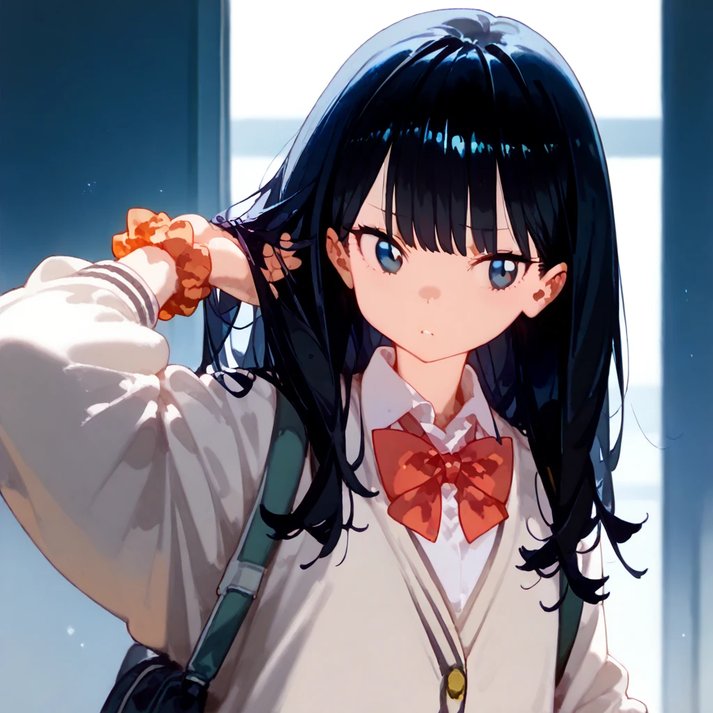 takarada rikka, Blue eyes, black hair, long hair, bangs ,school uniform, White cardigan, Black miniskirt, red bowtie, orange wrist scrunchie ,Shiny skin, Shiny,1 girl, 