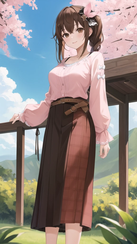 masterpiece, best quality, highres, ts2, brown eyes, pink shirt, long skirt, belt, long sleeves, breasts, cowboy shot, standing, looking at viewer, outdoors,