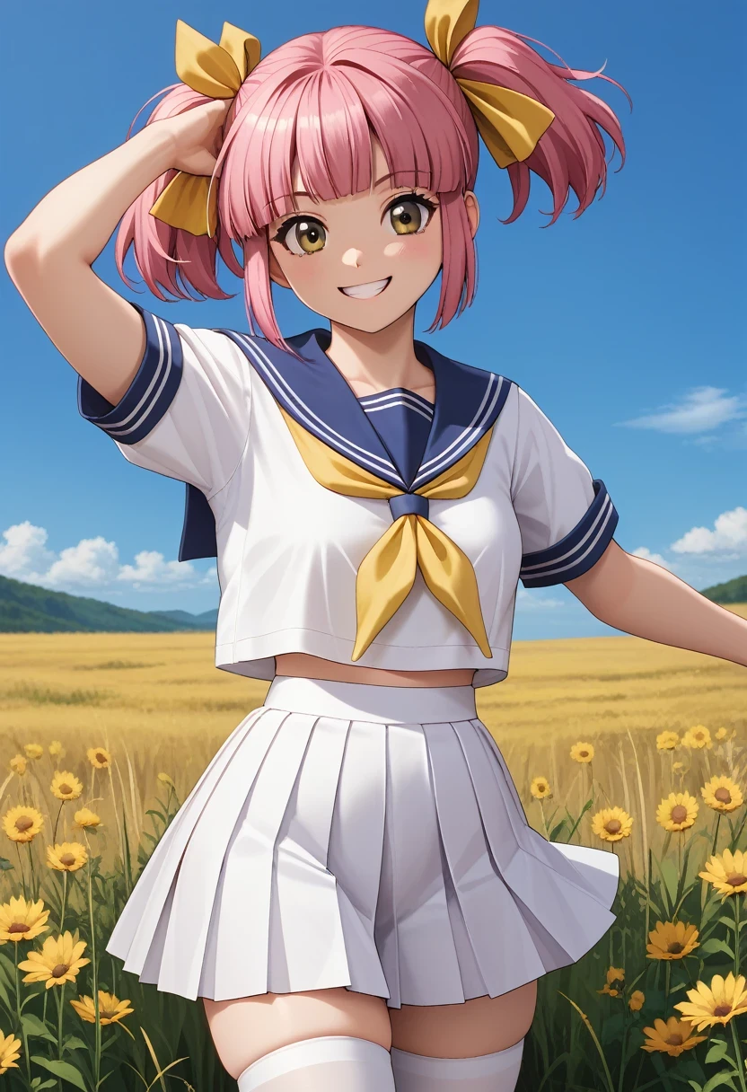 smile
itsuki_momoko, brown eyes, pink hair, short hair, hair ribbon, yellow ribbon, twintails, school uniform, serafuku, yellow neckerchief, blue sailor collar, white shirt, short sleeves, pleated skirt, white thighhighs, zettai ryouiki, 1girl, solo, (field:1.2), (blue sky:1.2),, (cowboy shot, dynamic pose:1.2),, masterpiece, best quality, good quality, newest, general,